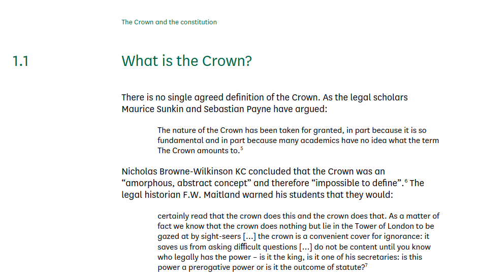 Excerpt headed What is the Crown? with the descriptions amorphous, abstract concept and convenient cover for ignorance.
