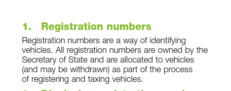 INF46 excerpt in which man kind attribute vehicle identification and ownership of registration numbers to the Secretary of State and write that numbers are allocated to vehicles and may be withdrawn